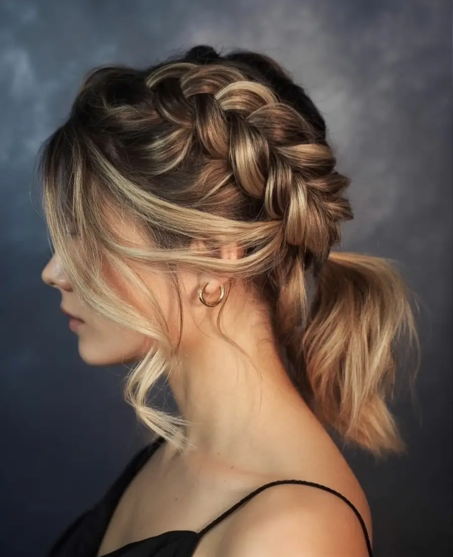 Fresh Hairstyles for July 2025 Chunky Dutch Braid Ponytail With Face-Framing Curls