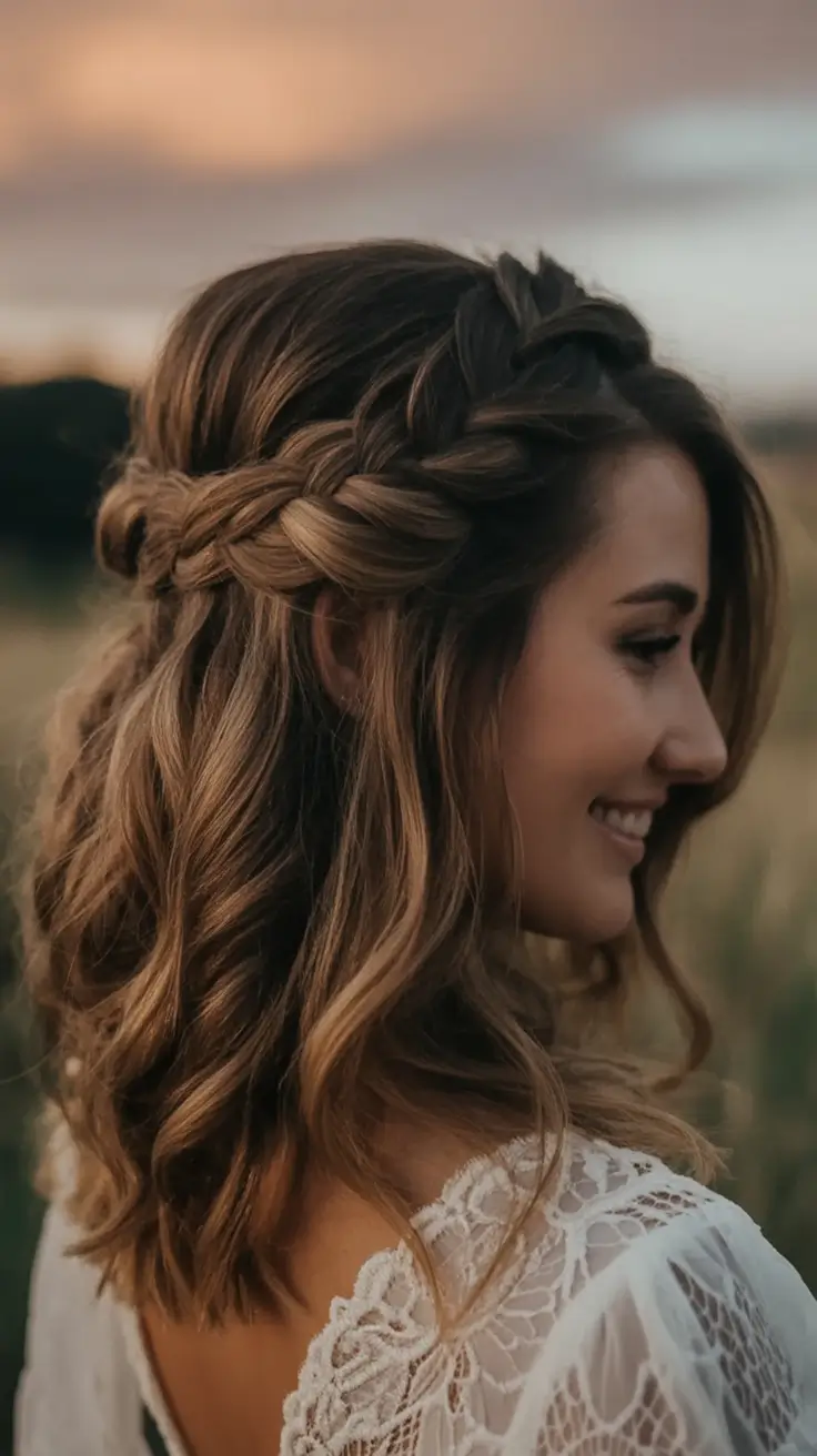 Fresh Hairstyles for July 2025 Romantic Braided Crown with Loose Curls