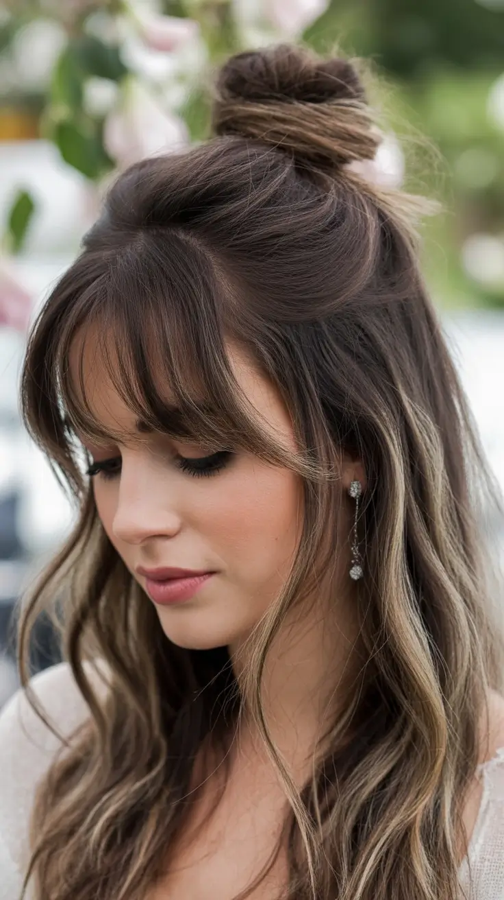 Fresh Hairstyles for July 2025 Romantic Half-Up Bun with Curtain Bangs