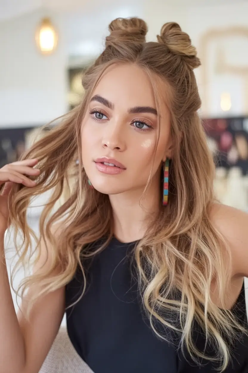 Fresh Hairstyles for July 2025 Playful Space Buns with Flowing Waves