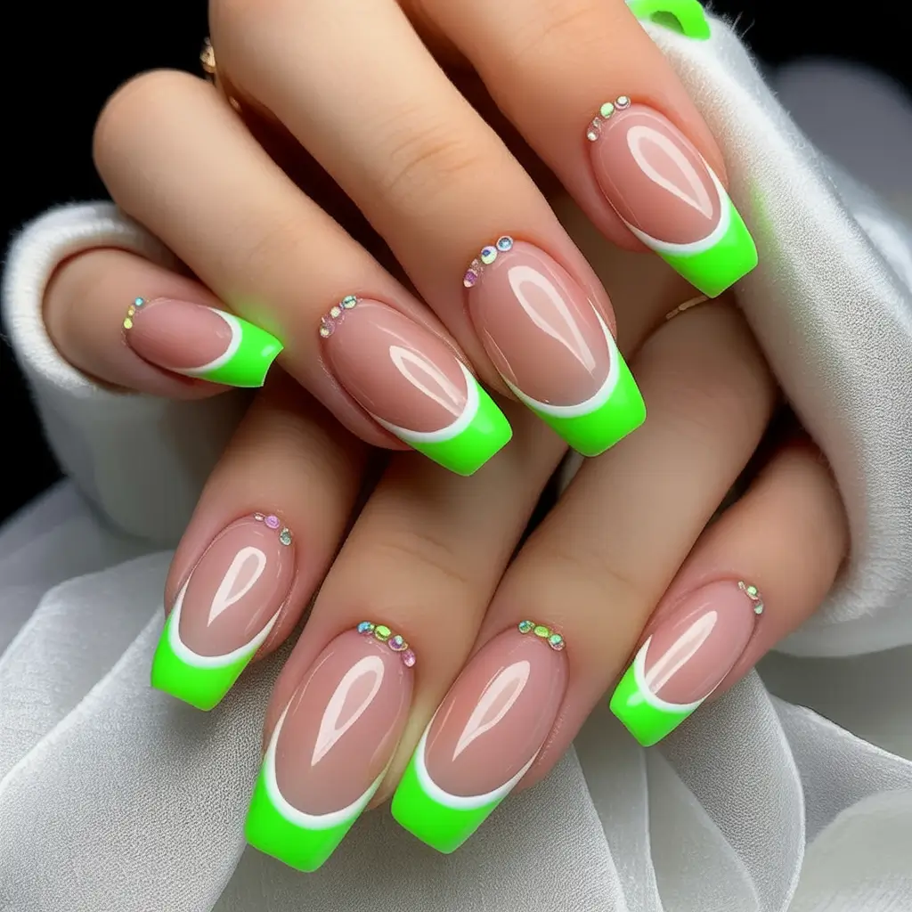 Fun Nail Color Ideas for August 2025 Lime Pop French with Rhinestone Glow