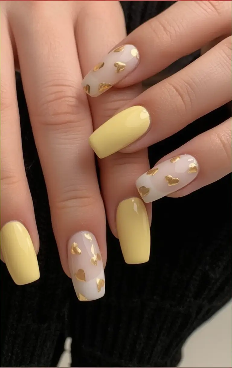 Fun Nail Color Ideas for August 2025 Lemon Glaze and Gilded Heart Accents