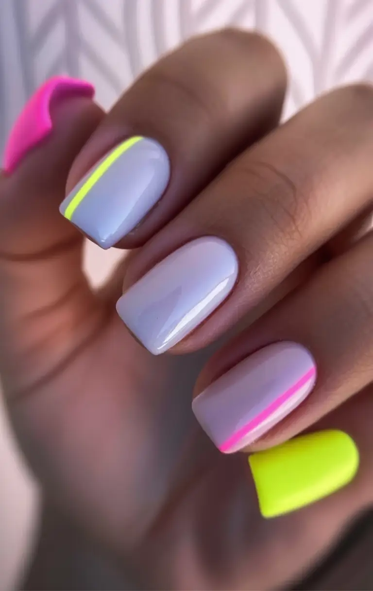 Fun Nail Color Ideas for August 2025 Neon Edge Meets Bare Gloss