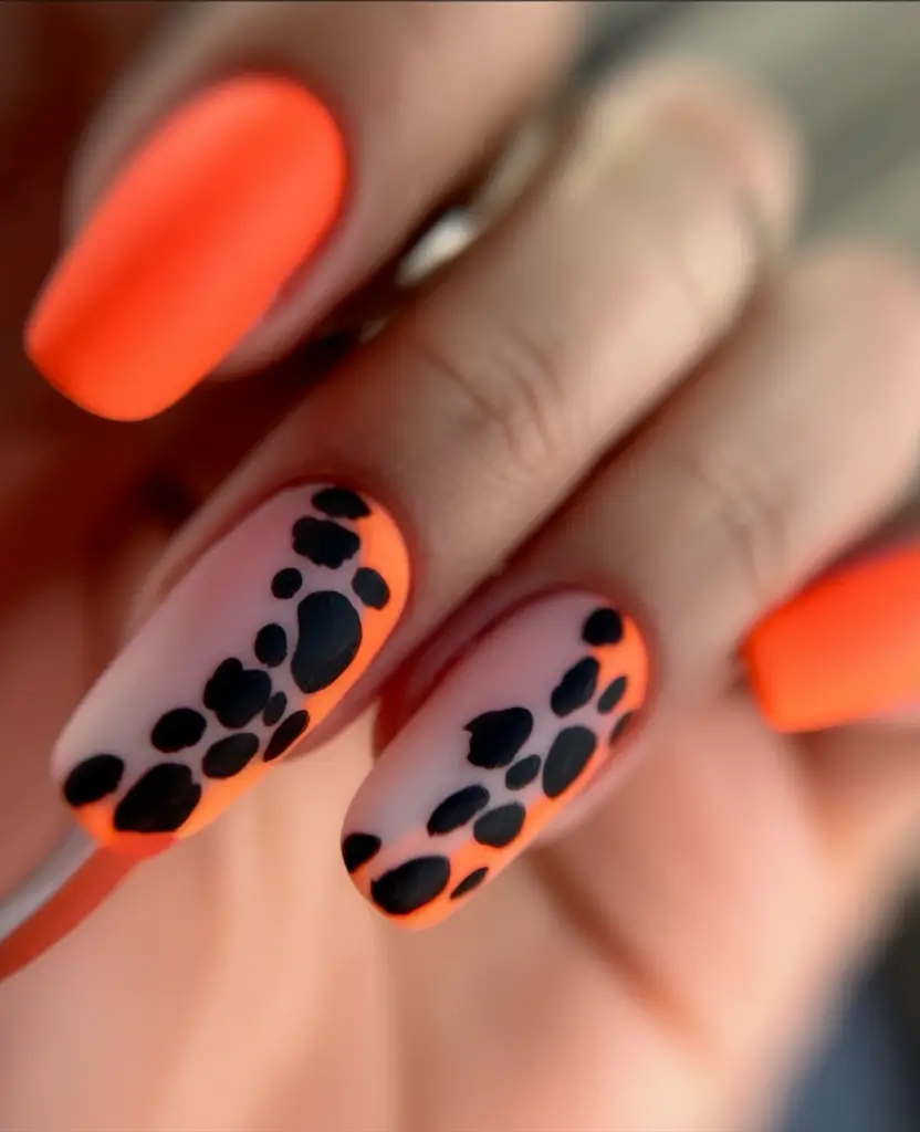 Fun Nail Color Ideas for August 2025 Orange Matte Meets Cheetah Dot Fade