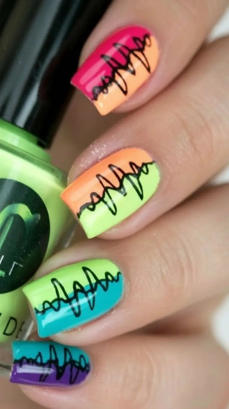Fun Nail Color Ideas for August 2025 Sunset Gradient with Pulse Lines