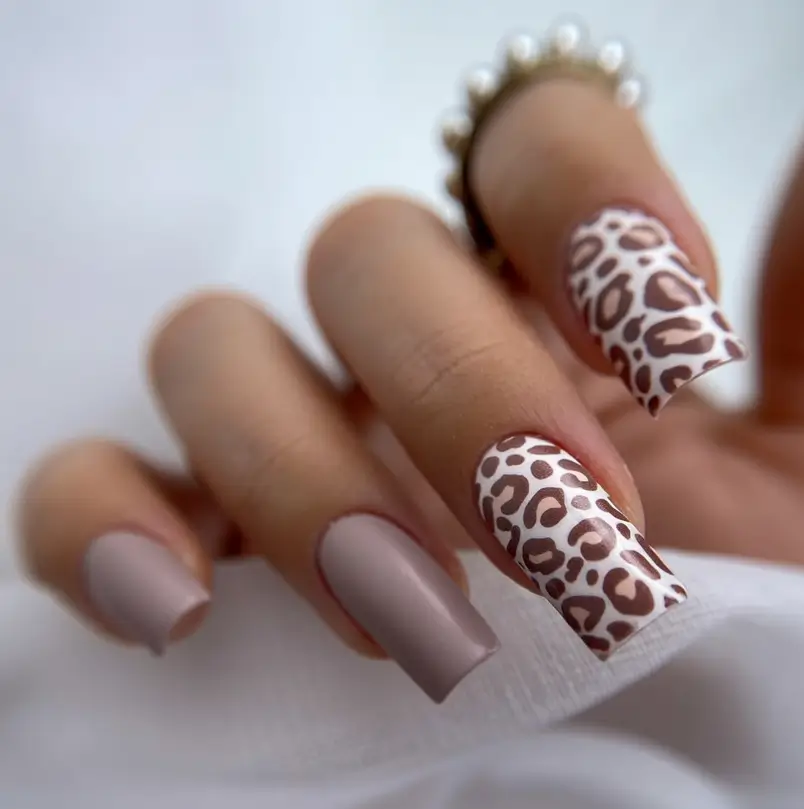 Fun Nail Color Ideas for August 2025 Matte Cocoa with Chic Leopard Accents