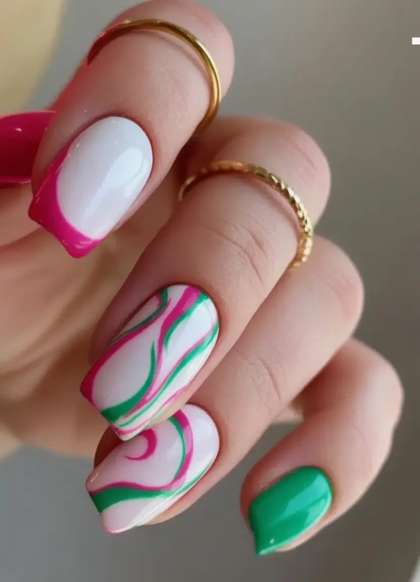 Fun Nail Color Ideas for August 2025 Berry and Mint Summer Swirl