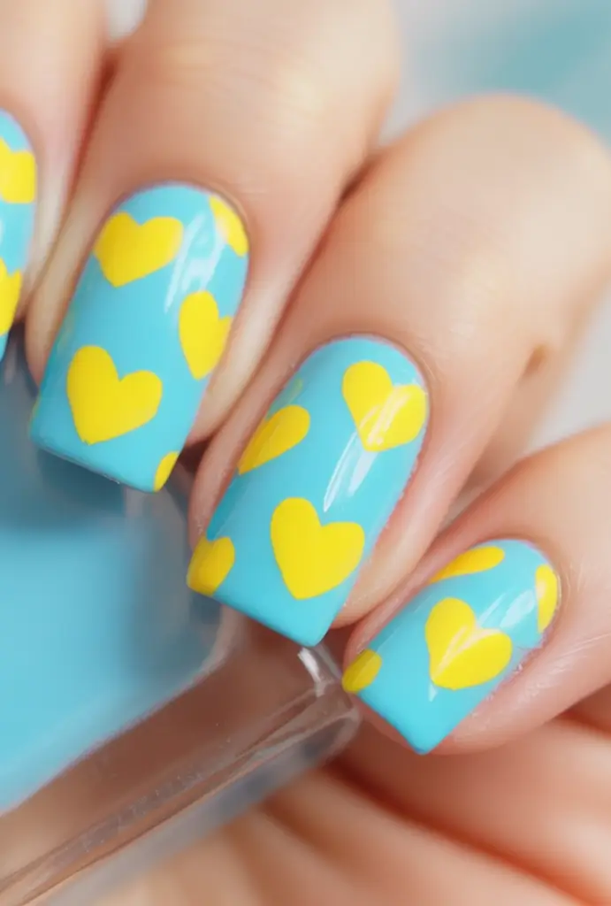 Fun Nail Color Ideas for August 2025 Yellow Hearts on Blue Skies