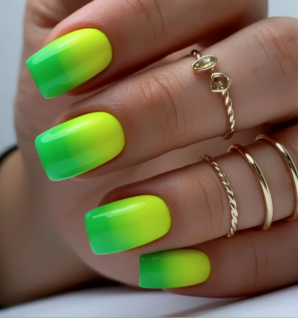 Fun Nail Color Ideas for August 2025 Electric Lime to Jungle Green Fade