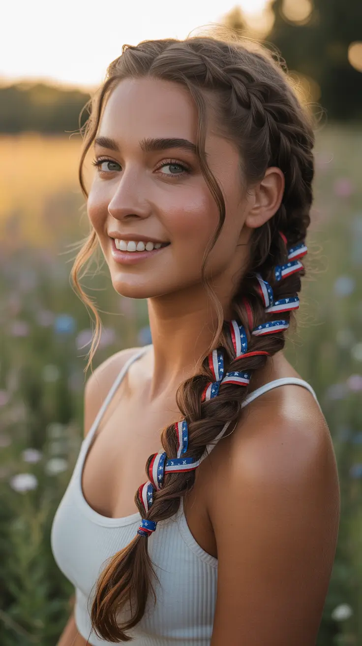 Hair Looks That Celebrate July 4th 2025 Soft Braided Halo with Patriotic Threads