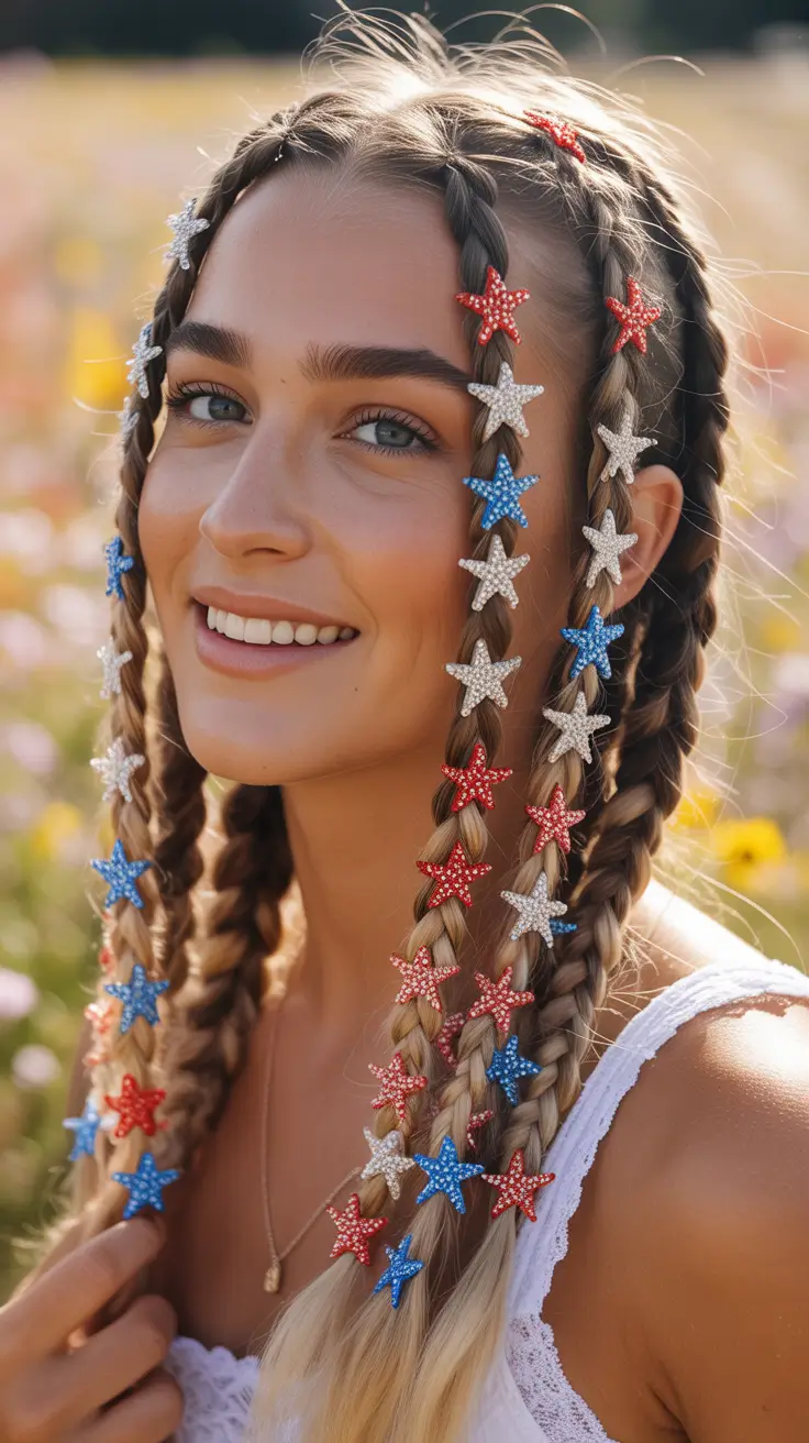 Hair Looks That Celebrate July 4th 2025 Braid Cascade With Sparkling Stars