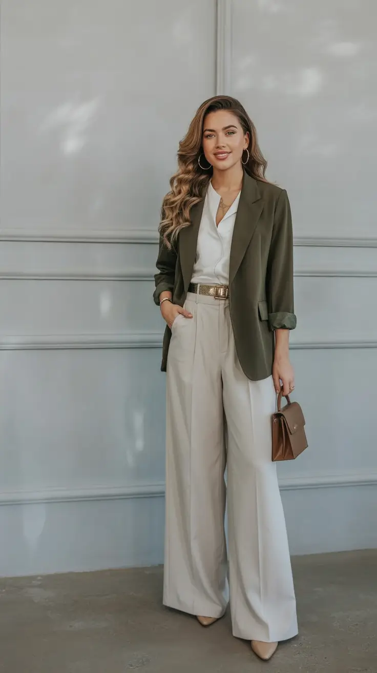 How to dress business casual this fall - outfits ideas 2025 Wide-Leg Neutrals & Military Green