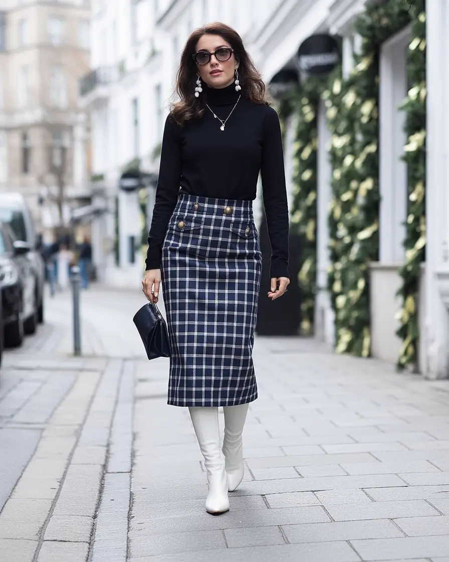 How to dress business casual this fall - outfits ideas 2025 Turtleneck and Plaid Skirt Power