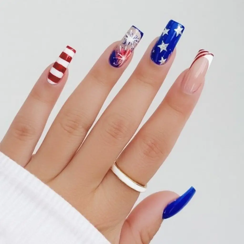 July 4th 2025 Nails You’ll Obsess Over Mixed Patterns Same Message