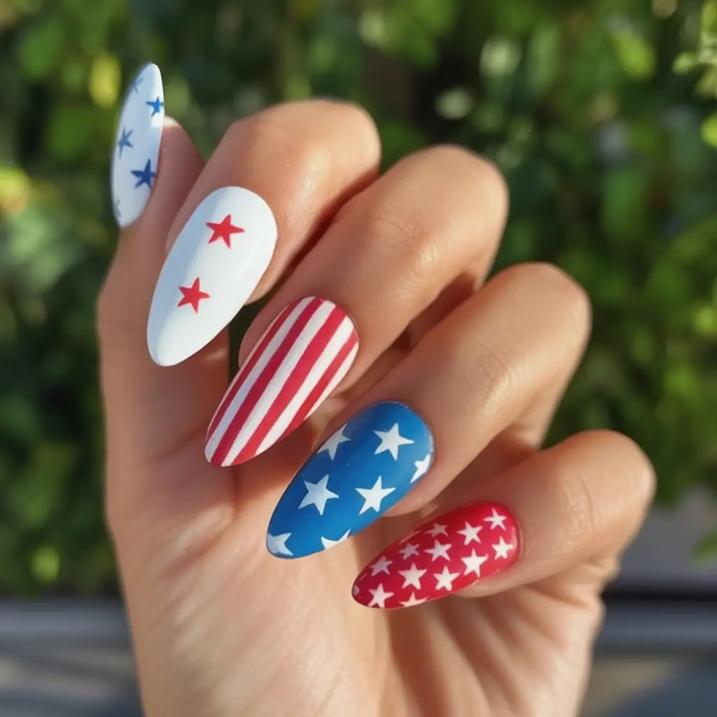 July 4th 2025 Nails You’ll Obsess Over Star-Spangled Almond Dream