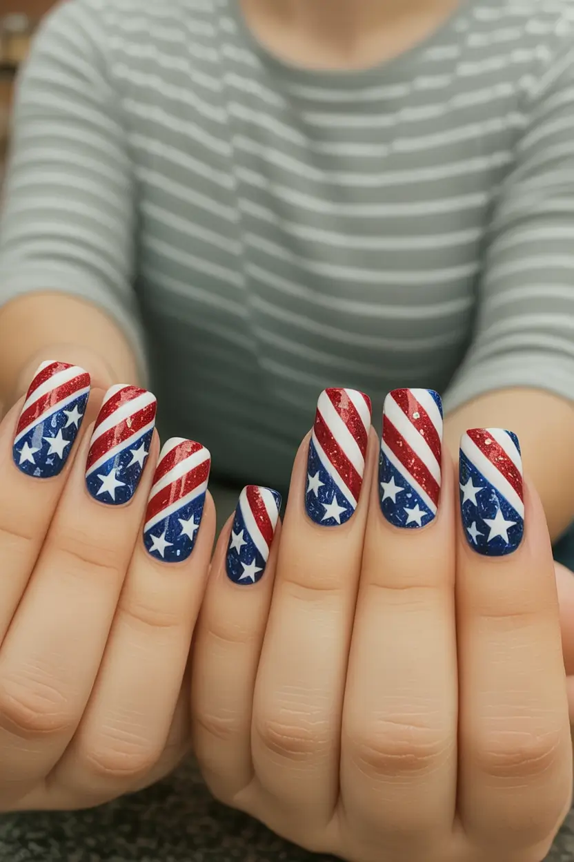 July 4th 2025 Nails You’ll Obsess Over Glitter Strip Flag Remix