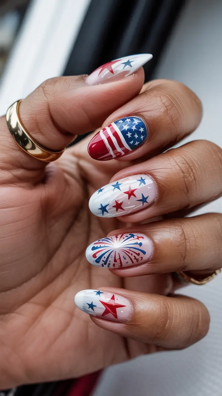 July 4th 2025 Nails You’ll Obsess Over Red White Boom Almond Vibes