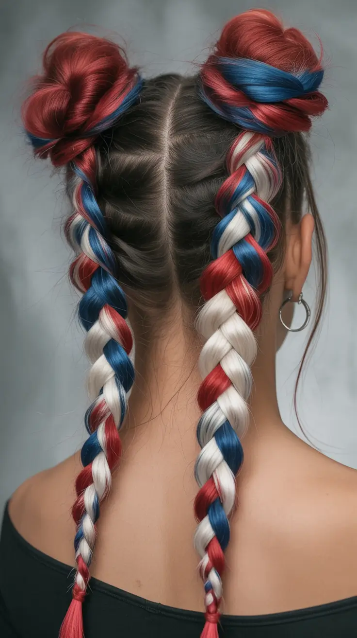 labor day hairstyles ideas 2025 Patriotic Pigtail Braids with Buns