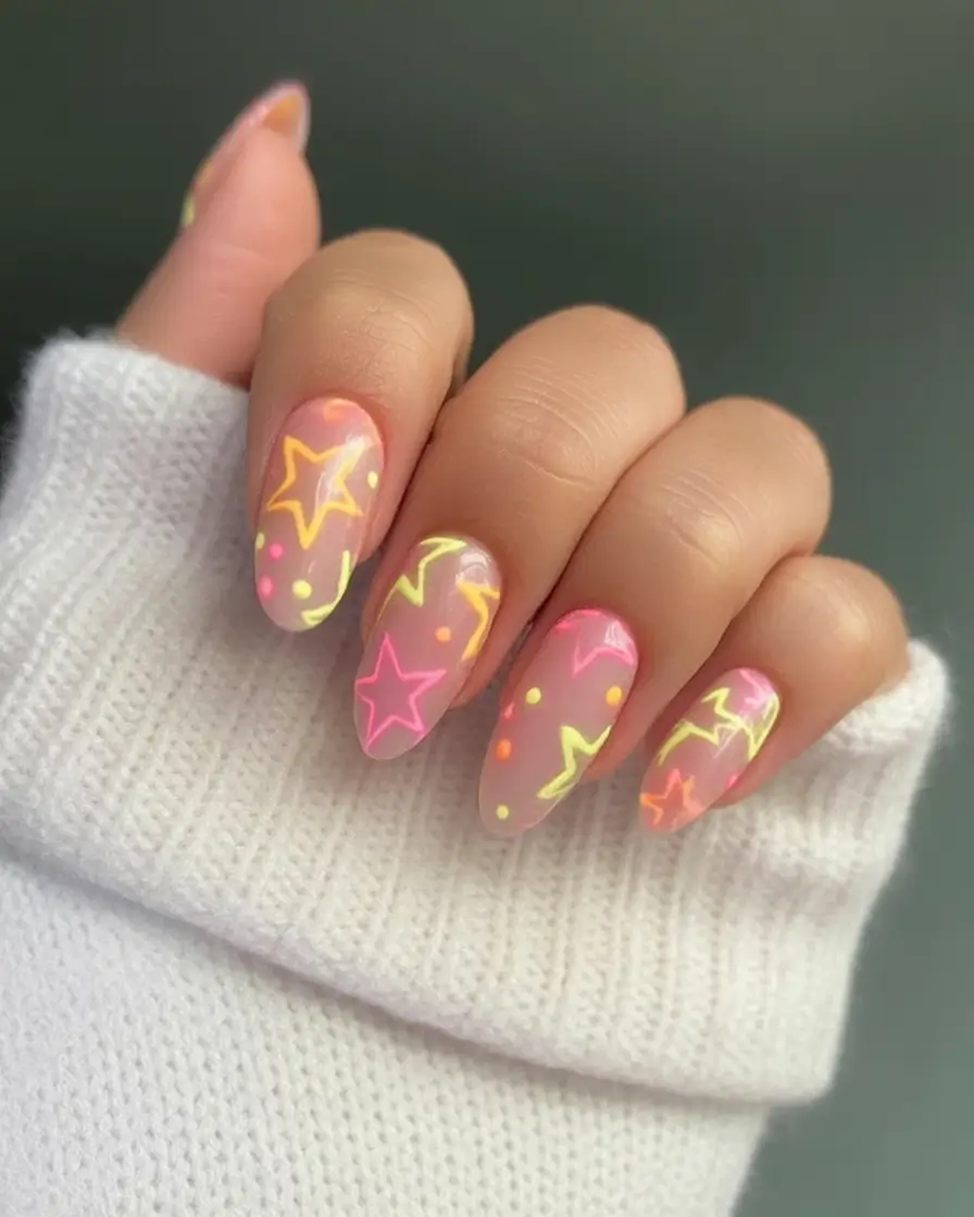 labor day nails ideas 2025 Neon Stars & Sparkles