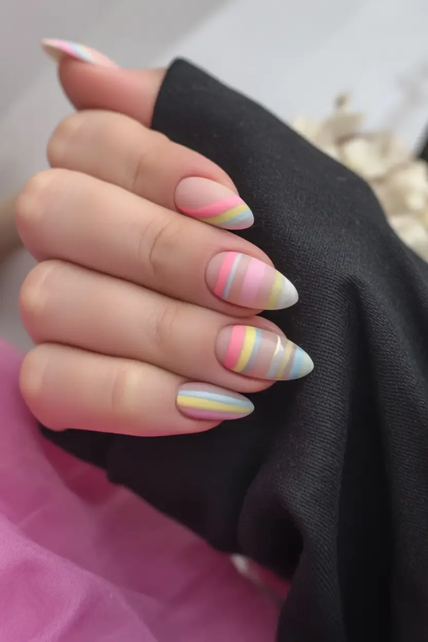 labor day nails ideas 2025 Matte Pastel Rainbow Waves