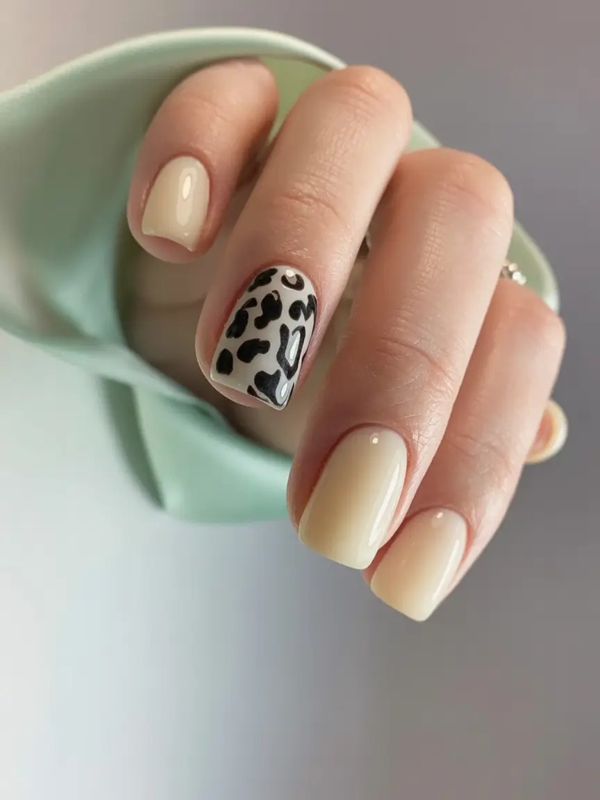 Must-Try Butter Yellow Nails That Scream Summer Vibes Buttery Beige With Graphic Leopard