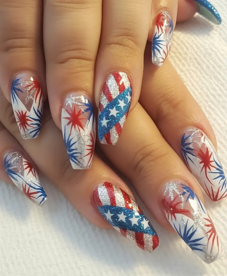 Nail Designs for July 4th 2025 Glittered Fireworks and Flag Flair