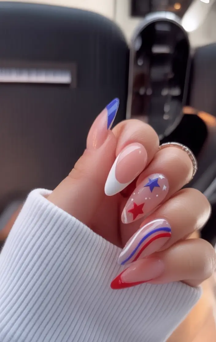 Nail Designs for July 4th 2025 Minimal Star Swirls with Almond Elegance