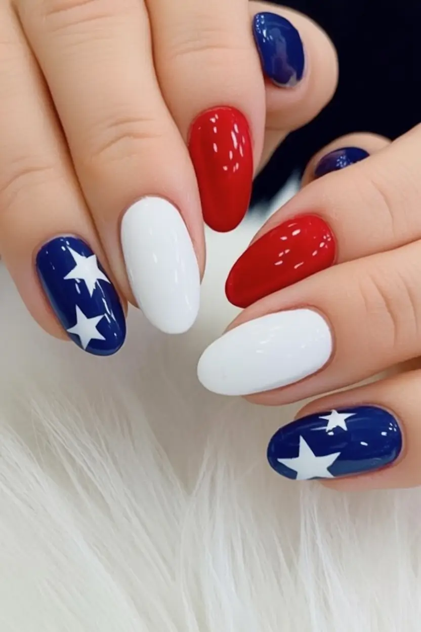 Nail Designs for July 4th 2025 Glossy Americana Colorblock