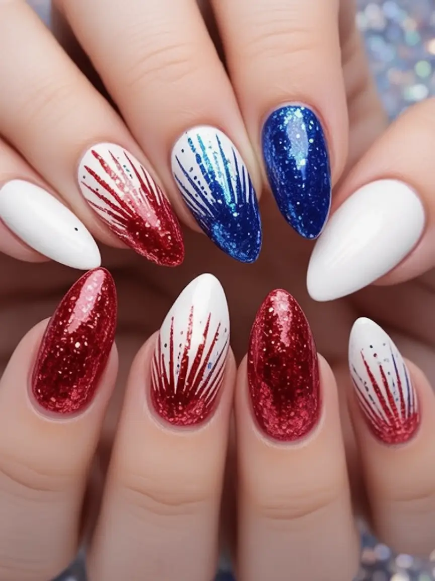 Nail Designs for July 4th 2025 Red and Blue Firework Bursts on Almond Nails