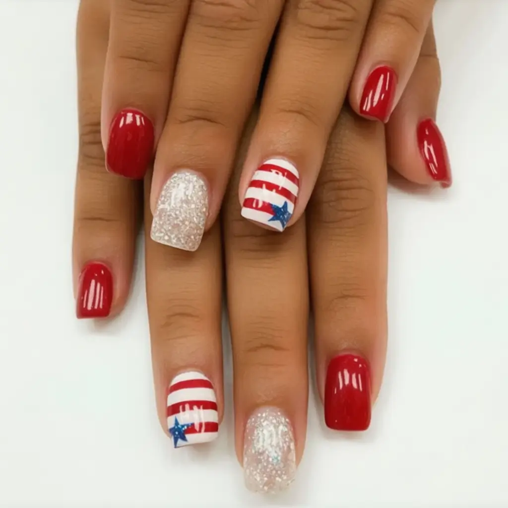 Nail Designs for July 4th 2025 Stars and Stripes with Sparkle on Short Square Nails