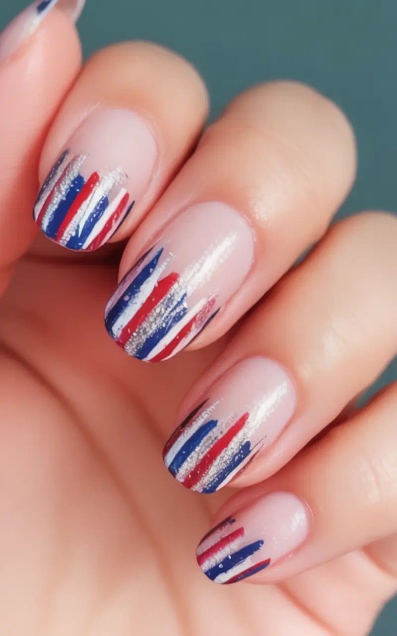 Nail Designs for July 4th 2025 Brushstroke Stripes with a Hint of Metallic