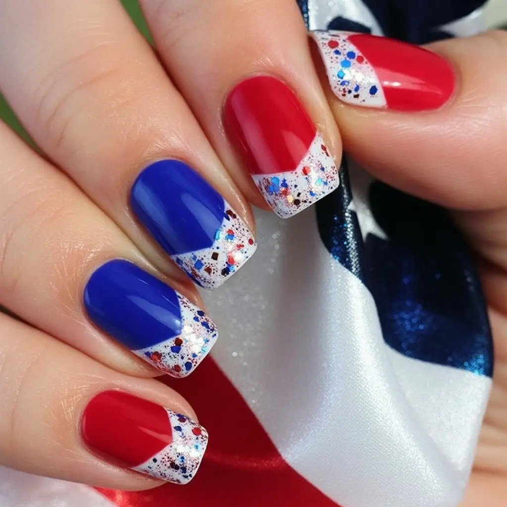 Nail Designs for July 4th 2025 Confetti-Tipped Red and Blue French
