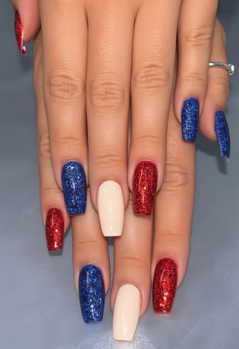 Nail Designs for July 4th 2025 Red White and Blue Glitter Block