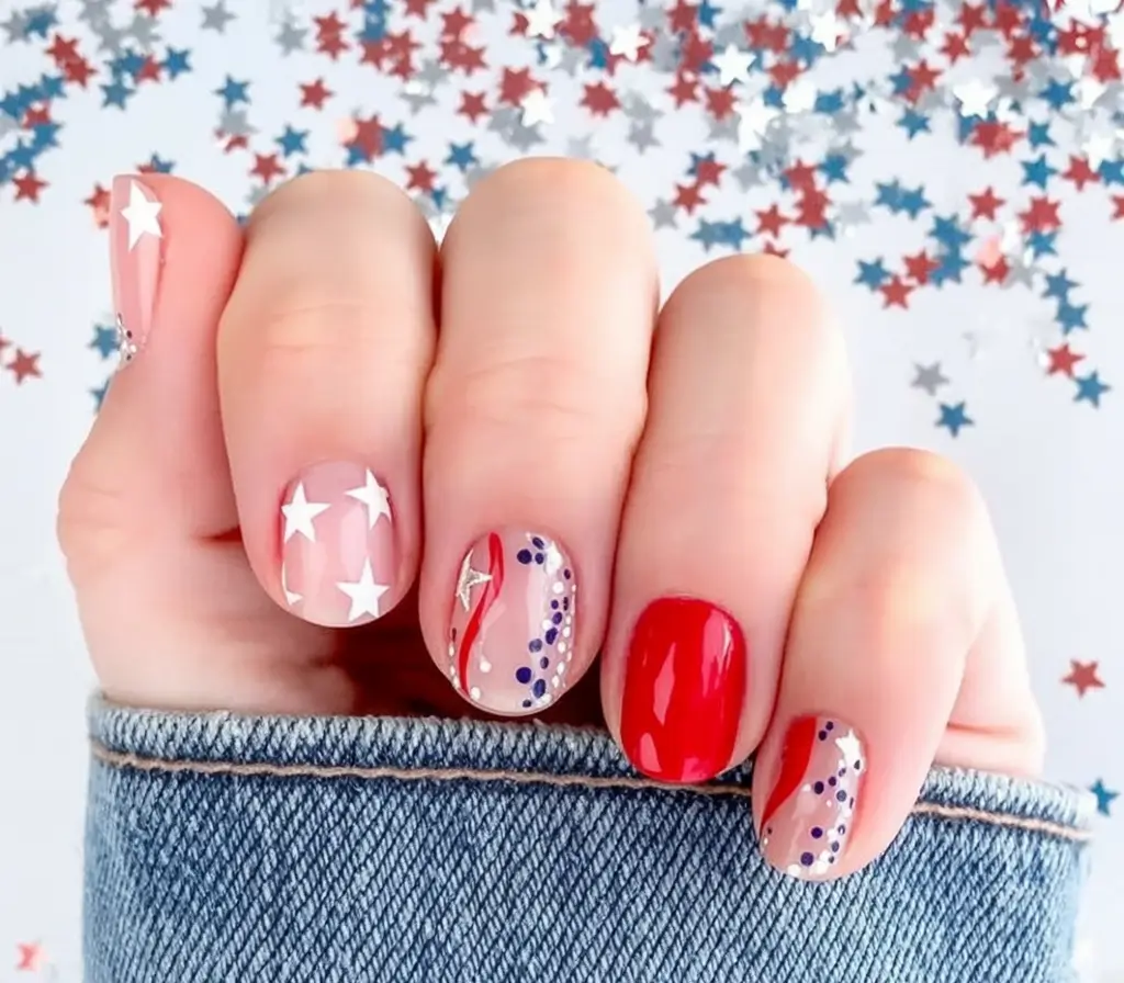 Nail Designs for July 4th 2025 Whimsical Stars & Swirls in Red, White, and Blue