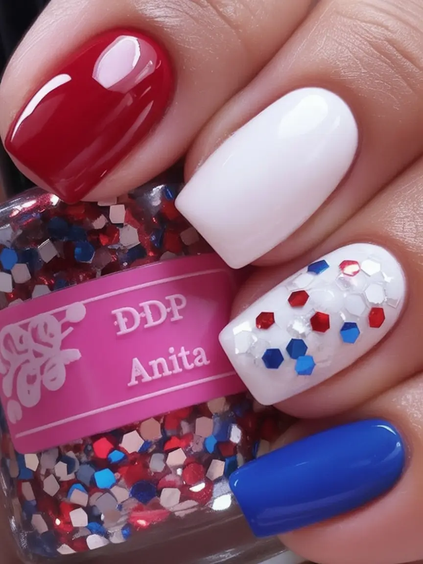 Nail Designs for July 4th 2025 High Gloss Confetti with Classic Color Blocking