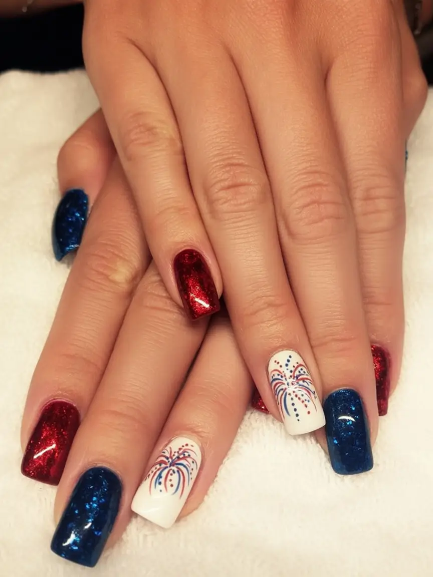 Nail Designs for July 4th 2025 Firework Bursts with Glitter and Sparkle