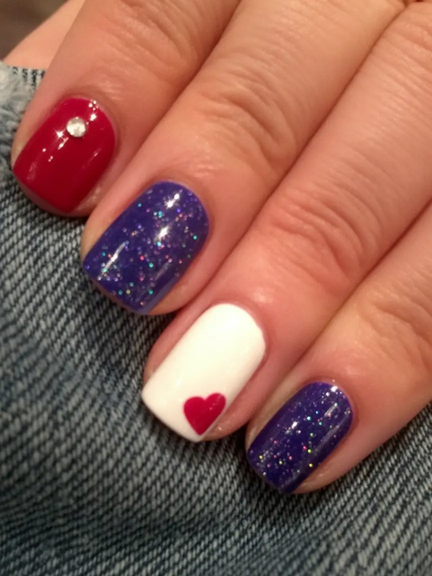 Nail Designs for July 4th 2025 Glittery Purple Twist with Heart Accent