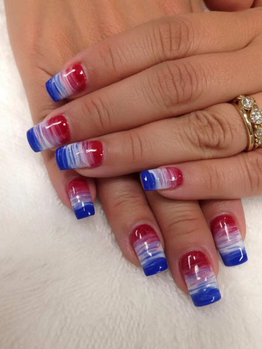Nail Designs for July 4th 2025 Layered Brush Strokes with Americana Fade