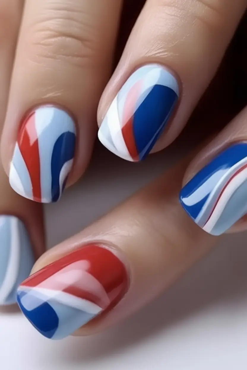Nail Designs for July 4th 2025 Bold Swirls in a Retro Red, White, and Blue