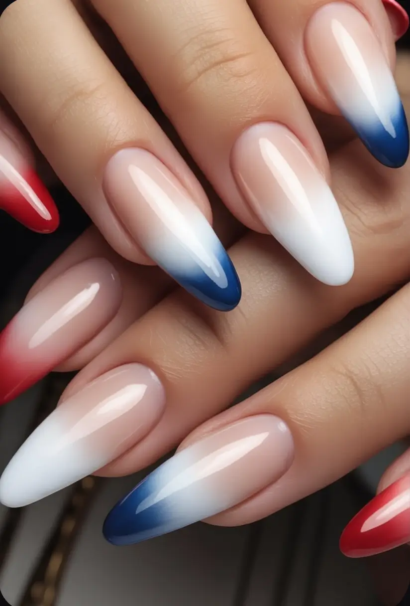 Nail Designs for July 4th 2025 Soft Gradient Ombré in Red White and Blue