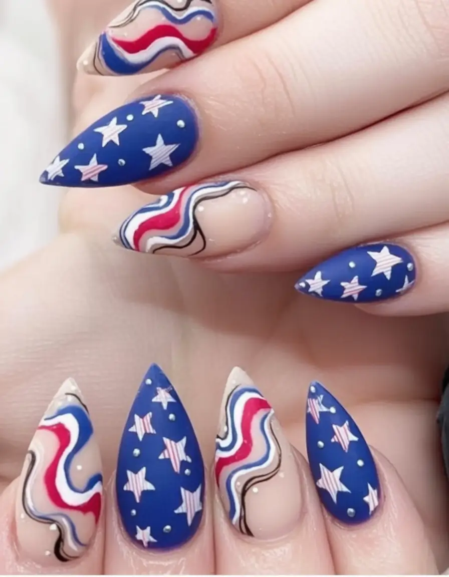 Nail Designs for July 4th 2025 Whimsical Starburst Swirls
