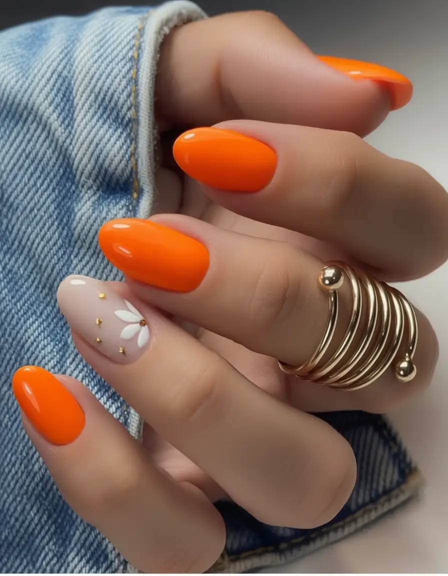 Nail Designs to Try in August 2025 Tangerine Burst With Floral Accent