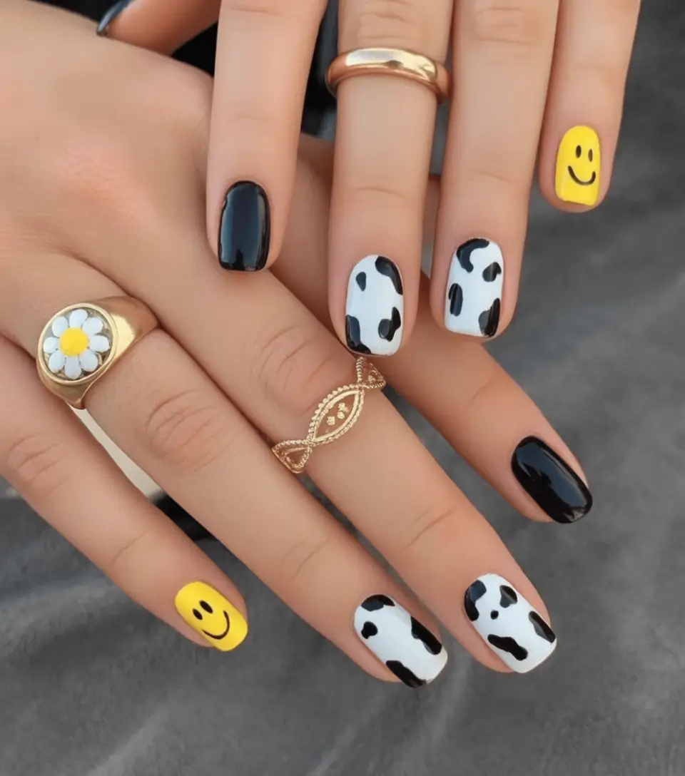 Nail Designs to Try in August 2025 Mood-Lifting Mix with Cow Print and Smiley Faces
