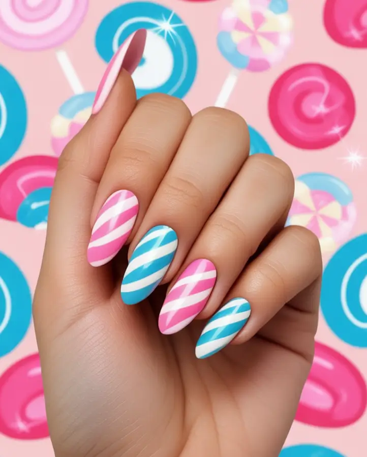 Nail Designs to Try in August 2025 Candy-Coated Swirls in Cotton and Bubblegum