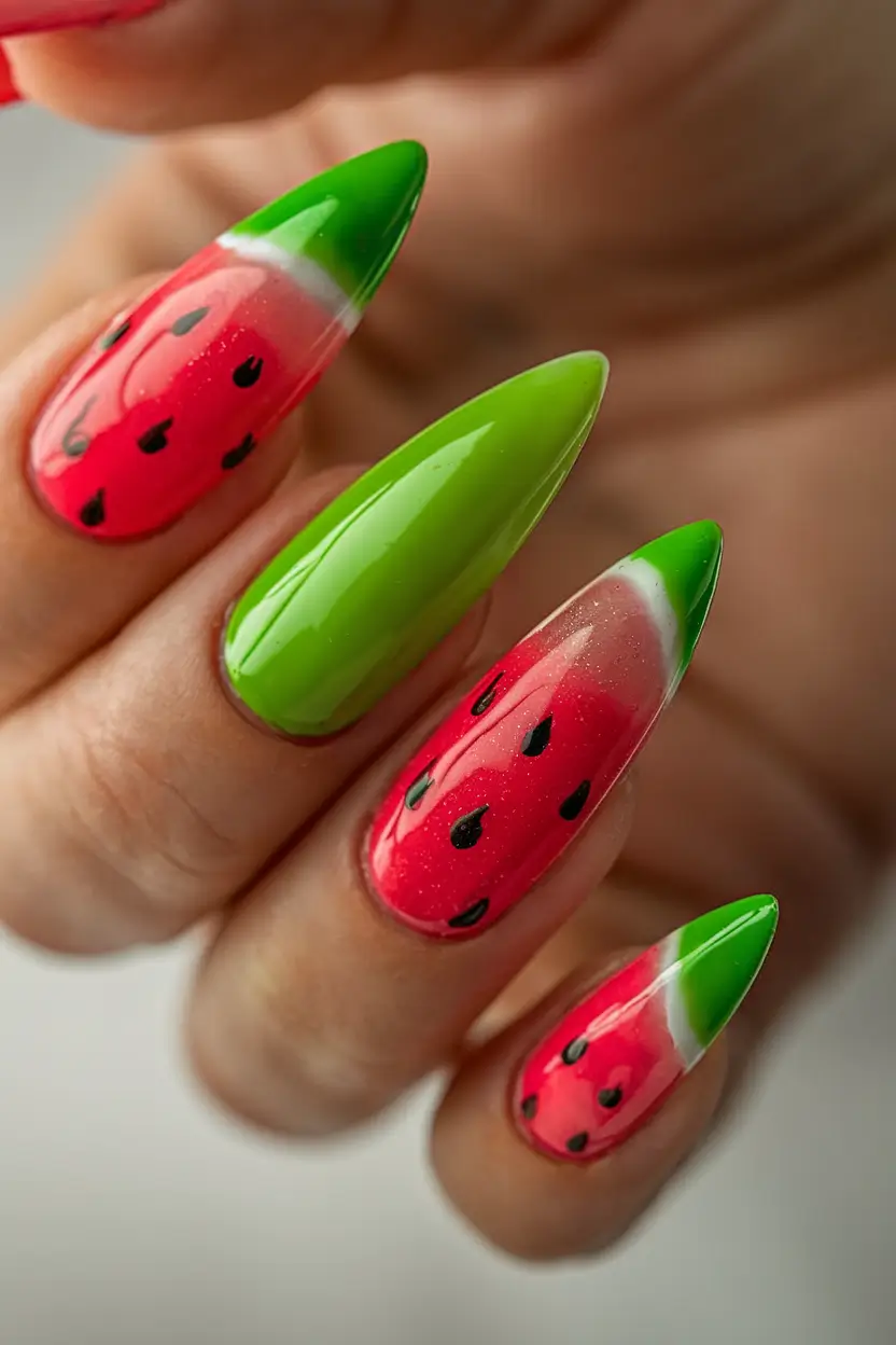 Nail Designs to Try in August 2025 Stiletto Watermelon Dream
