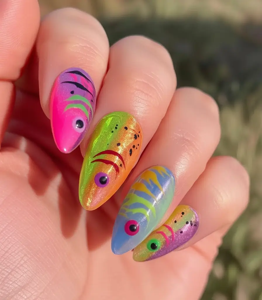 Nail Designs to Try in August 2025 Neon Fishscale Fantasy