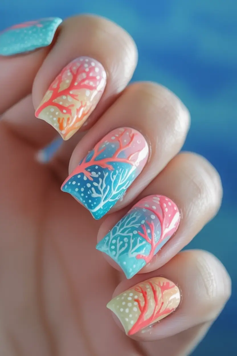 nail designs to try in august 2025 Coral Reef Glow