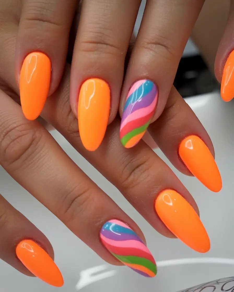nail designs to try in august 2025 Sunset Swirl Energy