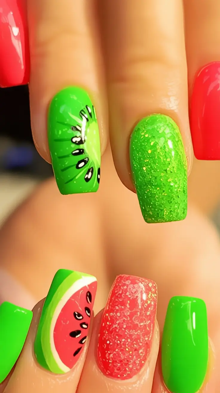 Nail Designs to Try in August 2025 Fruit Salad Sparkle