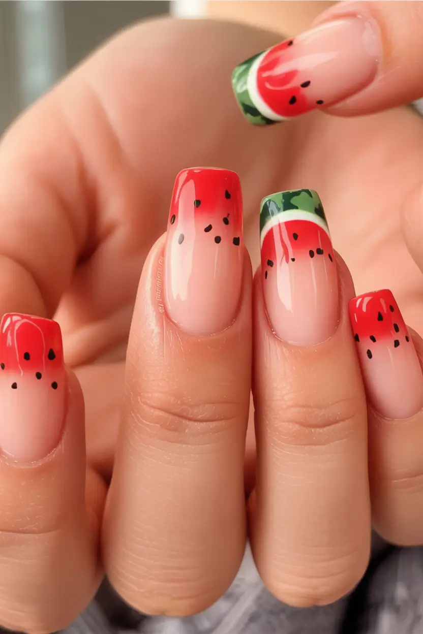 nail designs to try in august 2025 Fresh French Watermelon